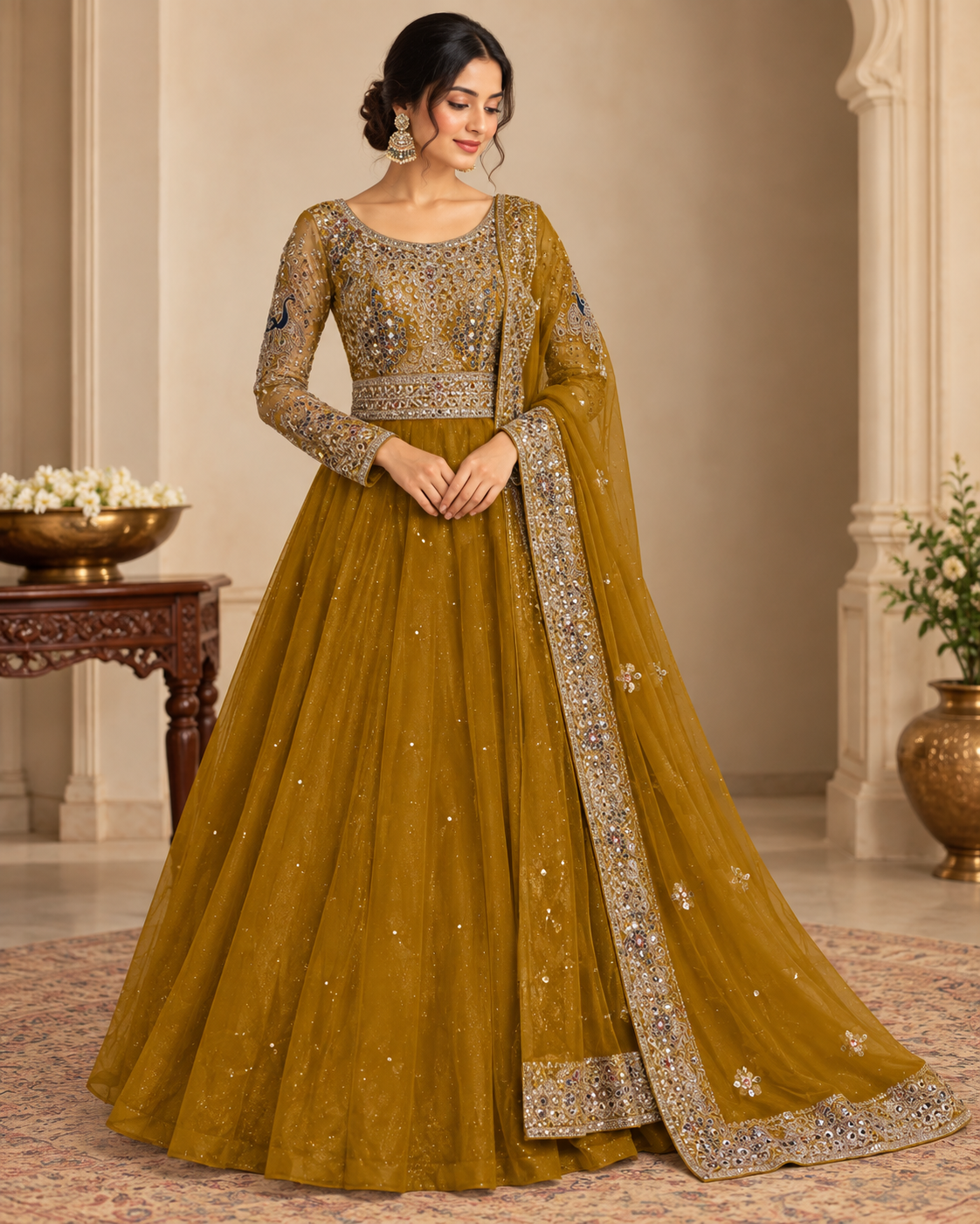 Mustard Netted Gown - View 1
