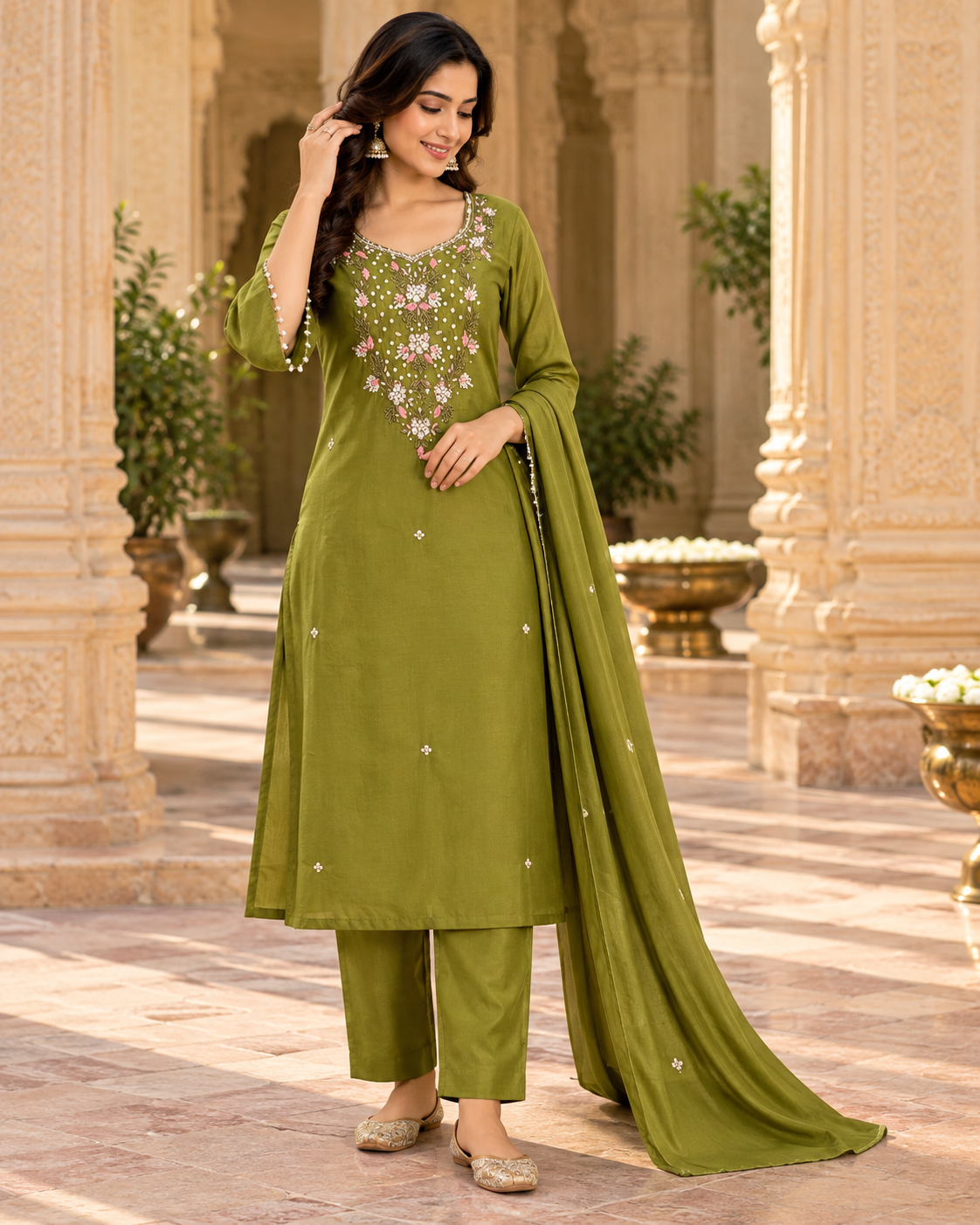 Sage Green Kurti Set - View 1