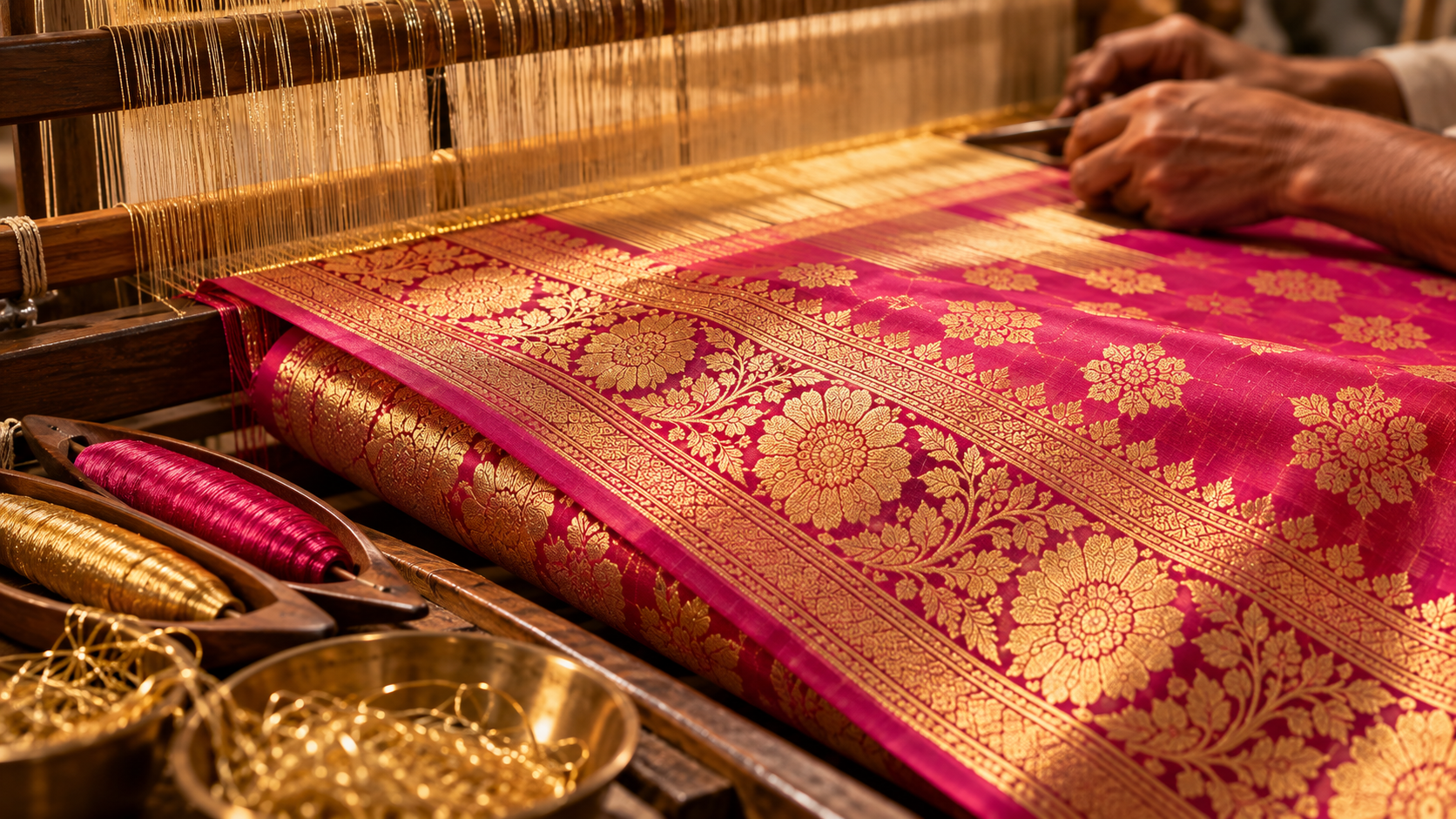 Another view of the red Banarasi saree