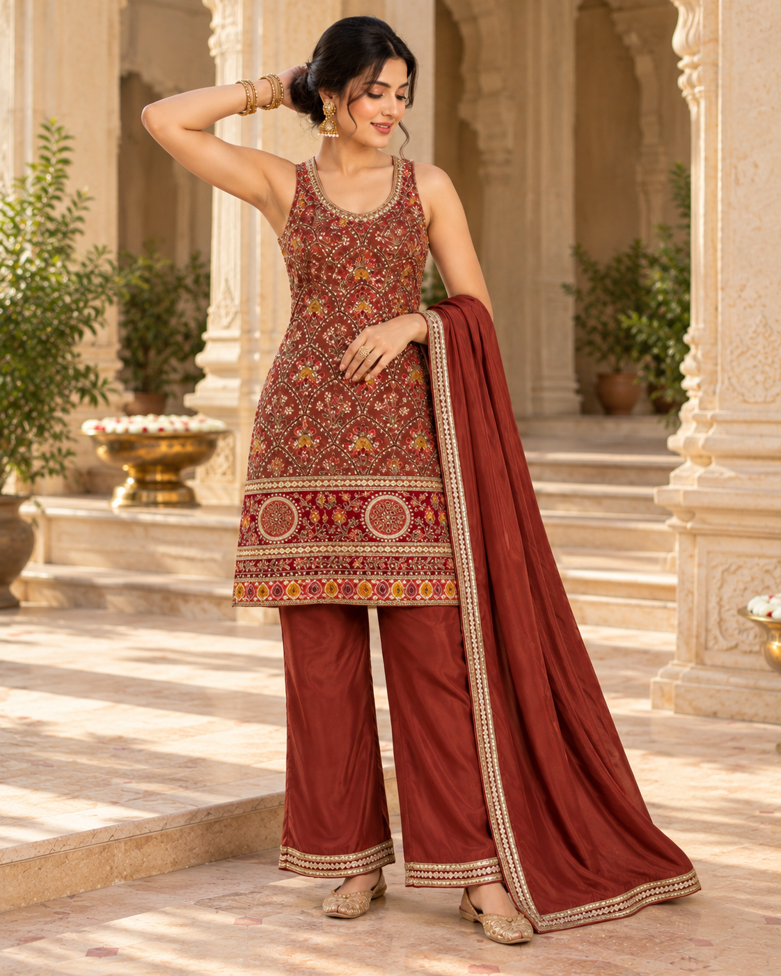 Rust Multicolour Palazzo Set - View 1