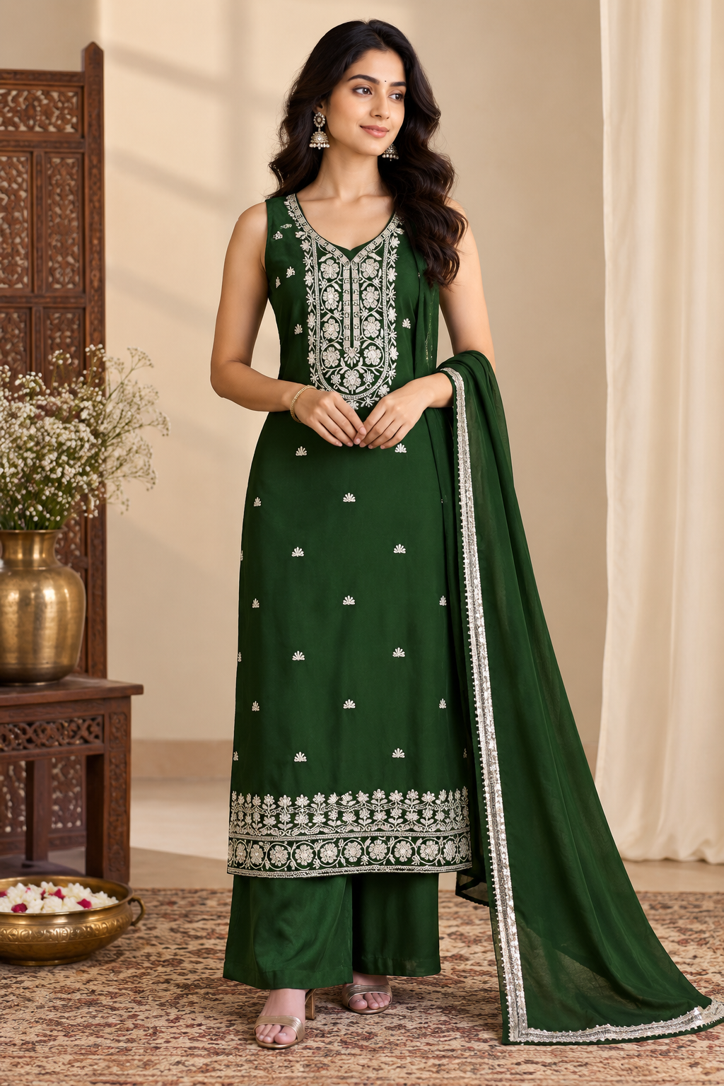 Dark Green Palazzo Set - View 1