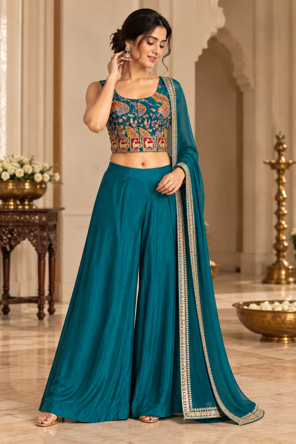 Peacock Short Top Palazzo Set - View 1