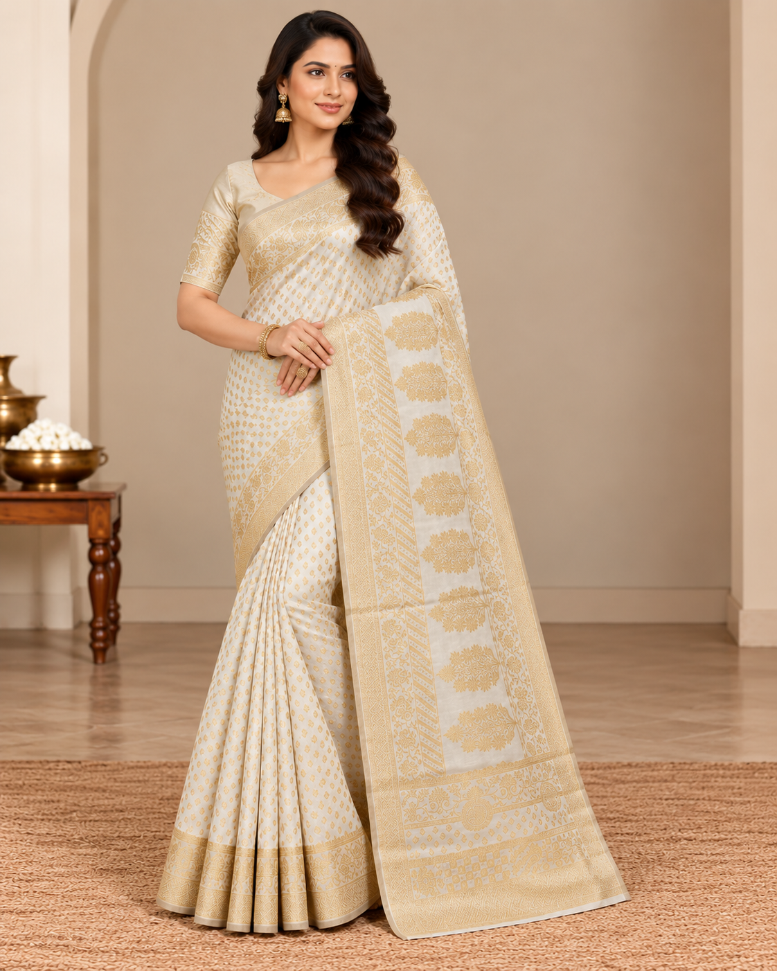 Cream Banarasi Chiffon Saree - View 1