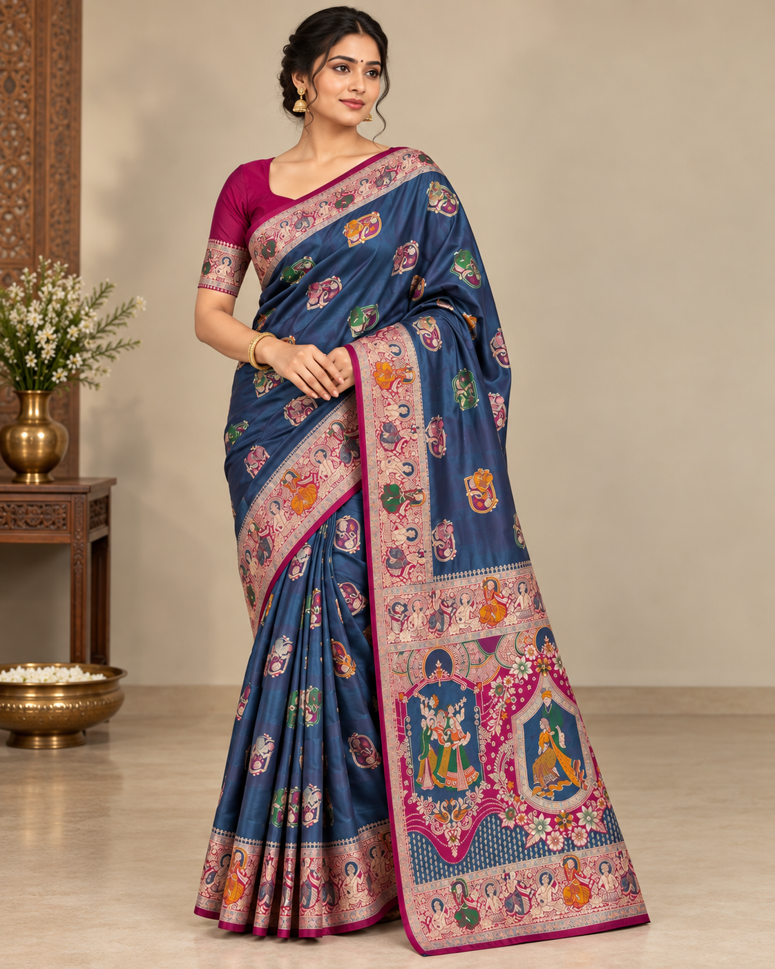 Blue Banarasi Figure Saree - View 1