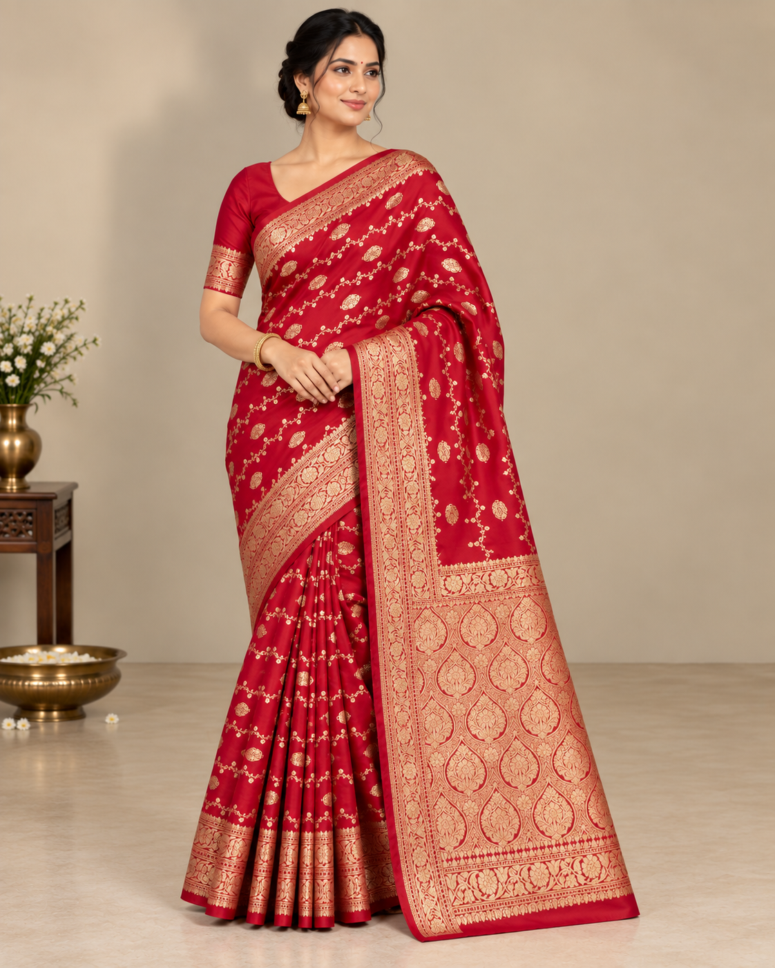 Red Banarasi Saree - View 1