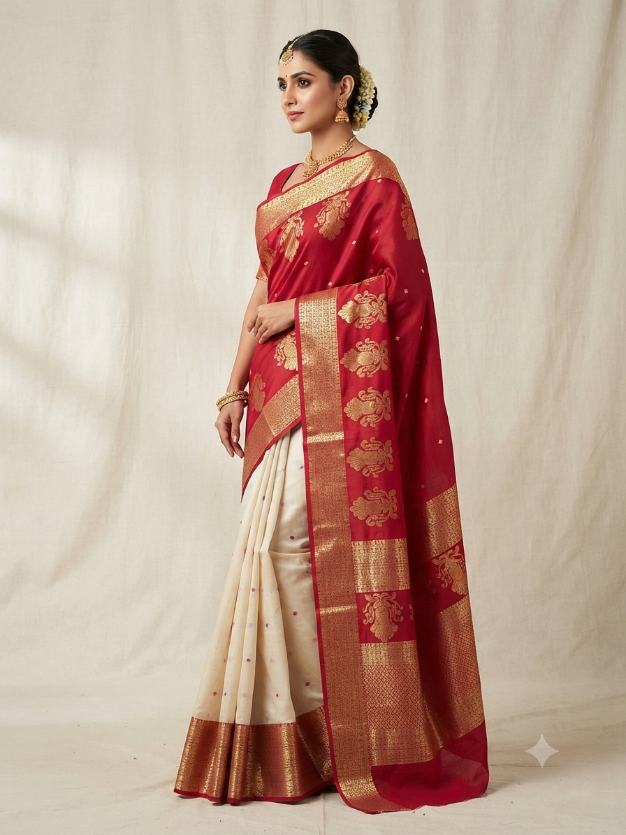 White-Red Banarasi Saree - View 1