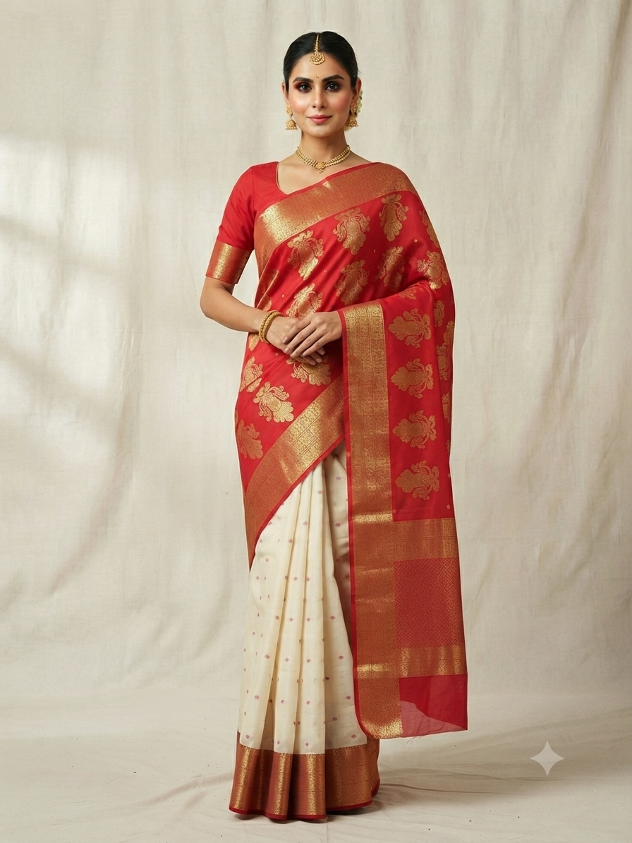 White-Red Banarasi Saree - View 2